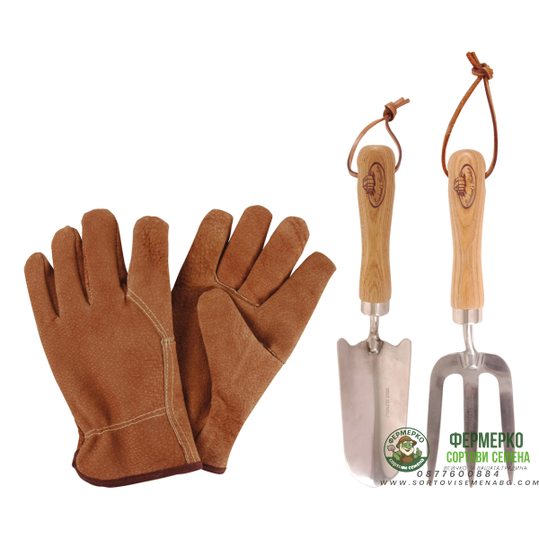 Комплект градински инструменти от неръждаема стомана Esschert Design - 3 части (ръкавици,лопатка,вилица)