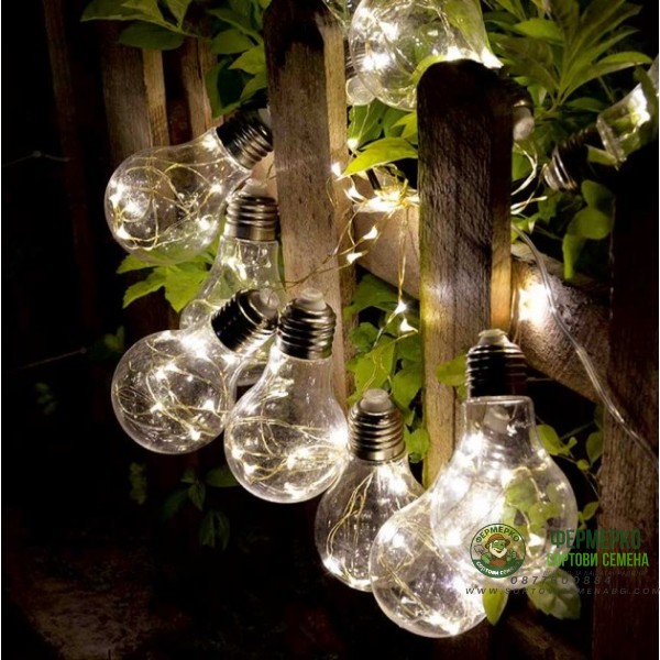 LED соларно въже с 10бр. крушки BULB топла светлина, 4м