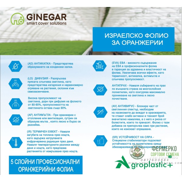 Полиетилен - 150 mic + AF(анти капка), Многослоен израелски за оранжерии Ginegar